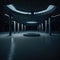 Dark Futuristic Large Room With Round Columns, Wet Concrete Asphalt, Parking For Future Cars, Generative AI