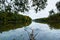 Dark gloomy autumn day on little desolate natural lake, fallen trunk lies on bottom, water-lilies and deciduous trees reflections