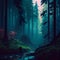 Dark gloomy fairytale mysterious forest - AI generated image