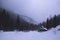 Dark gloomy scary mountain winter landscape with coniferous for