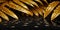 Dark Gold palm leaves and droplet Water dramatic photo effect background, realism, realistic, hyper realistic