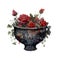 Dark Gothic Cauldron with Red Roses Dark Fantasy Gardening Watercolor Clipart