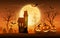 Dark graveyard with creepy pumpkins and haunted house on Halloween night, cartoon vector ilustration