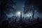 Dark graveyard at night, shrouded in thick fog and an eerie horror atmosphere. Ai generated