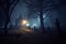 Dark graveyard at night, shrouded in thick fog and an eerie horror atmosphere. Ai generated