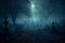 Dark graveyard at night, shrouded in thick fog and an eerie horror atmosphere. Ai generated