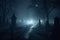 Dark graveyard at night, shrouded in thick fog and an eerie horror atmosphere. Ai generated