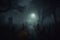 Dark graveyard at night, shrouded in thick fog and an eerie horror atmosphere. Ai generated