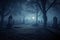 Dark graveyard at night, shrouded in thick fog and an eerie horror atmosphere. Ai generated