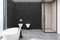 Dark gray bathroom interior, toilets