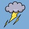 Dark gray cloud with lightning and thunderstorm, rain is coming, cartoon vector illustration