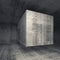 Dark gray concrete room interior with flying cube