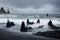Dark gray rocks on deserted shore of iceland beach