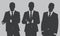 Dark gray silhouettes portrait of three businessmen posing on gray background, flat line vector and illustration.