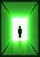 Dark green digital corridor with man silhouette