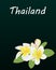 Dark green greeting card with the inscription Thailand and a twig of plumeria in the bottom corner, vertical