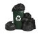 Dark green recycling bin overfilled with garbage bags on white background