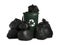 Dark green recycling bin overfilled with garbage bags on white background