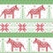 Dark green and red Nordic Christmas pattern with stars, snowflakes, dala style horse in scandinavian style cross stitch