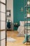 Dark green trendy interior design in fashionable apartment, copy space on empty wall