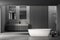 Dark grey bathroom with white ceramic tub