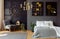 Dark grey bedroom interior with molding and painti