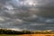 Dark grey clouds storm coming, looming over a farmer`s field of crops and trees.