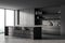 Dark grey corner of panoramic kitchen with open shelves and two stools