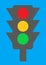 A dark grey silhouette of a traffic light showing red amber green lighting turquoise blue backdrop