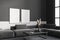 Dark grey stylish relax interior with sofa and coffee table, mockup frames