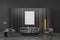 Dark guest room interior with armchairs and sofa, mockup poster