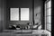 Dark guest room interior with armchairs and window, mockup posters