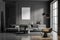 Dark guest room interior with sofa and armchair, window and mockup poster