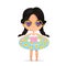 Dark Hair girl Wearing sunglasses in inflatable circle. Child Relax at Summer. Pool Party with Inflatable Ring. Beach