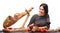 The dark-haired girl looks at a whole jamon on a wooden stand. Isolated over white background