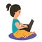 a dark-haired girl sits with a laptop on the carpet. Wireless technology.