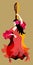 Dark-haired Spanish girl dressed in long red dress with frills on sleeves in form of roses, dancing flamenco