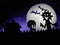 Dark Halloween background with scary creatures, Skull, bats, funny monster, full moon