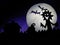 Dark Halloween season background with moon in the background and scary creatures silhouettes. Alien, bats, and funny monster