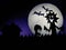 Dark Halloween season background with moon in the background and scary creatures silhouettes. Alien scull, bats, and funny monster