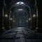 a dark hallway with stone floors and arched windows