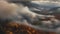 Dark heavy clouds whirl above the autumn valley. The thick fog creeps below.