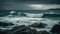 Dark horizon over crashing waves, dramatic sky in idyllic seascape generated by AI