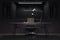Dark interrogation room with switched-off lamp and big mirror, 3d rendering.