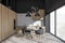 Dark kitchen room interior with dining table, four armchairs