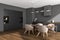 Dark kitchen room interior with dining table, four chairs