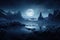 Dark Landscape With Full Moon - Eerie Night Nature Scene, Minimalist photography, ice ruins, intricate, night, high resolution, 8K