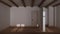 Dark late evening scene, empty room interior design, open space with parquet floor, beams ceiling and white walls, modern