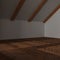 Dark late evening scene, empty room interior design, open space with parquet floor, wooden sloping ceiling, modern japandi