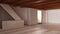 Dark late evening scene, empty room interior design, open space with resin floor and white walls, wooden beams ceiling and